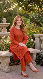 2-Piece Khaddar Suit with Button Neckline & Handmade Cutwork Daman-Rust