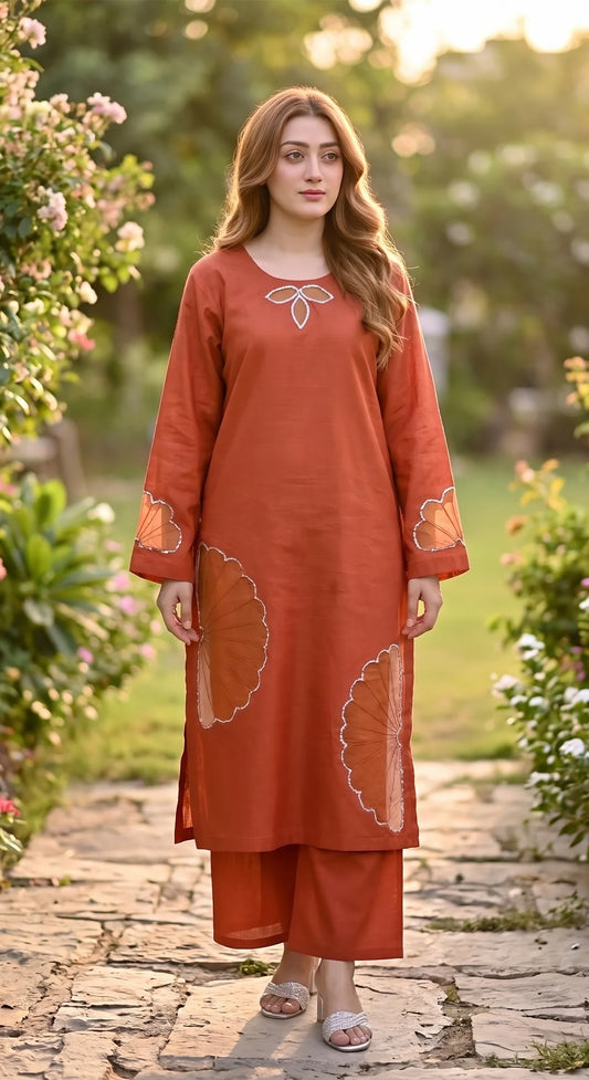 2-Piece Khaddar Suit with Handmade Floral Cutwork-Rust