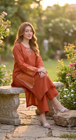 2-Piece Khaddar Suit with Handmade Floral Cutwork-Rust