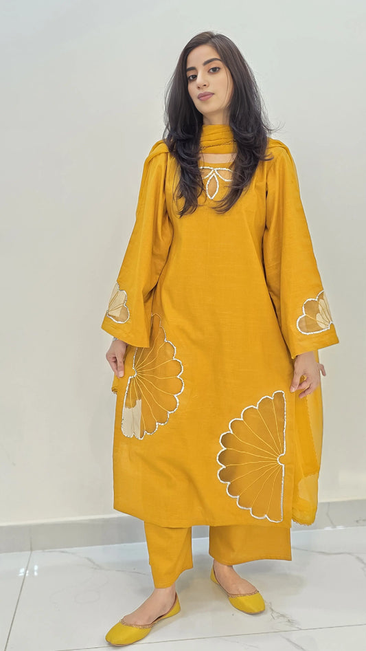 3-Piece Khaddar Suit with Handmade Floral Cutwork