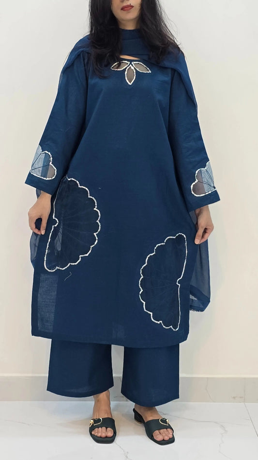 3-Piece Khaddar Suit with Handmade Floral Cutwork