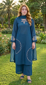 3-Piece Khaddar Suit with Handmade Floral Cutwork-Zink
